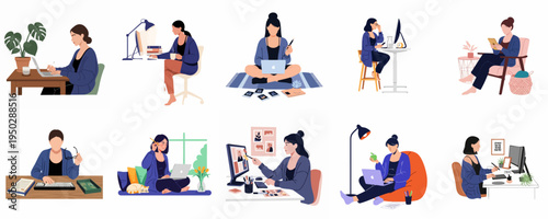 Set of illustrations featuring a woman working from home in various comfortable and productive remote office environments with laptops and digital devices.