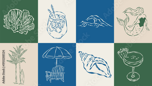 Coastal living hand drawn illustration collection. Travel doodles. Art for postcards, menu, print posters, packaging design.