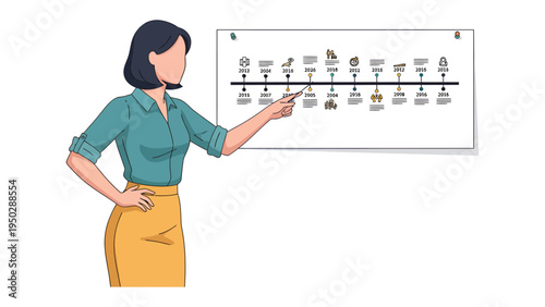 Timeline Presentation: A woman, dressed in a professional attire, engages an audience by presenting and pointing to a timeline. conveying information through strategic illustration