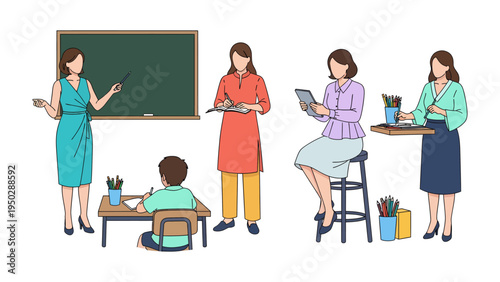 The Art of Guiding: A tableau of educators and a student in a classroom setting, illustrating the diverse roles of teachers with a focus on education and learning.