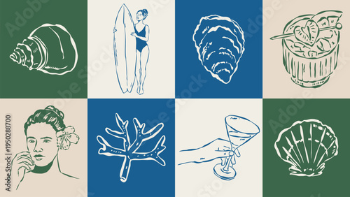 Coastal living hand drawn illustration collection. Travel doodles. Art for postcards, menu, print posters, packaging design.