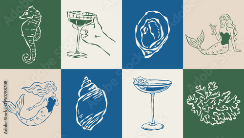 Coastal living hand drawn illustration collection. Travel doodles. Art for postcards, menu, print posters, packaging design.