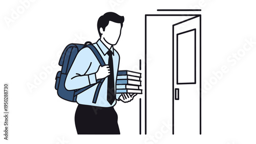 Busy Student's Journey: A diligent scholar, equipped with a backpack and a stack of books, steps through a doorway, on a quest for knowledge and education. This picture is simple but powerful.