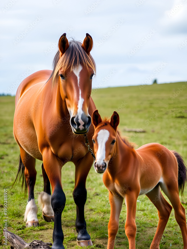 Fototapeta premium Red mare and foal on green pasture