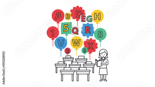Educational Bliss: A cheerful educator imparts knowledge to a classroom of eager learners, where vibrant balloons float, each bearing a letter or number, promoting an enriching atmosphere.