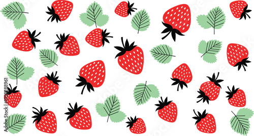 Strawberry seamless pattern with leaves. Cute red strawberries scattered on white background. Simple berry texture for fabric, wrapping paper, packaging and summer food design.