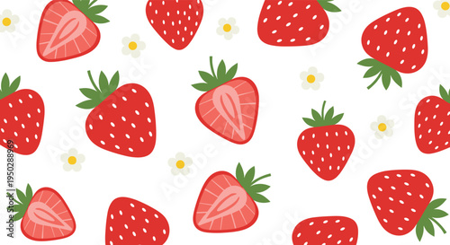 Strawberry pattern with flowers. Cute whole and sliced strawberries with small blossoms. Fresh summer berry background for fabric, packaging, wallpaper and organic food design.
