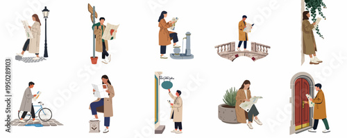 Set of flat vector illustrations featuring tourists in trench coats exploring a city with paper maps in various urban settings.