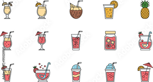 Set of Tropical Drink Icons Featuring Cocktails, Fruit Juices, Mocktails, and Refreshing Beverages