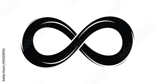 A striking image depicts a black infinity symbol against a clean white background representing endlessness and continuity high quality