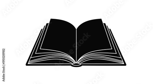 A stark black and white illustration depicts an open book showcasing blank pages and a bound spine high quality