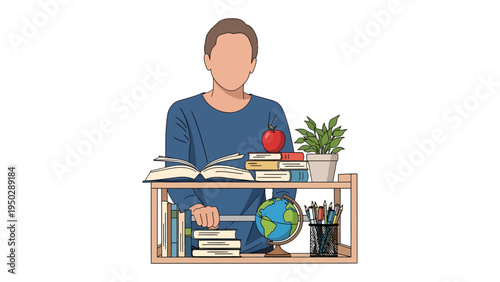 Focused Scholar Amidst Knowledge: A studious figure, absorbed in the pursuit of knowledge, stands before a well-organized shelf, the symbols of learning and discovery within easy reach.