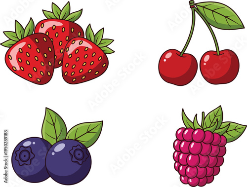 Berry fruit vector set. Strawberry, cherry, blueberry and raspberry with leaves. Fresh juicy berries illustration collection.