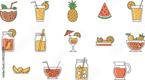 Set of Tropical and Fruit Drinks, Smoothies, and Refreshing Beverages Icons in Line Art Style for Summer Drinks and Fruit Cocktails