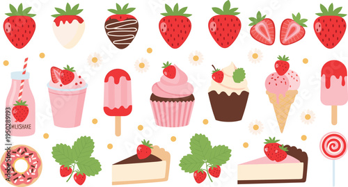 Strawberry dessert vector set. Cute sweets with strawberries, cupcakes, ice cream and cakes. Sweet food collection for bakery menu, packaging, stickers and candy design.