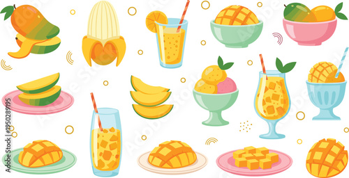 Tropical mango fruit dessert set with fresh smoothies juice glasses sorbet scoops fruit bowls and sliced mango pieces flat vector illustration isolated on white background.