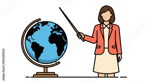 Teacher and Globe: An illustration of a teacher pointing to a globe, representing the world, in a classroom setting, perfect for educational content.