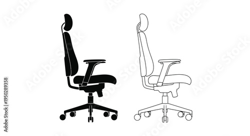 A graphic depiction showcases two side profiles of an ergonomic office chair one in solid black and one in white
