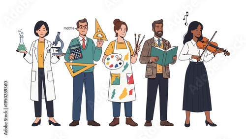 Diverse Professions: A group of individuals representing different professions, each holding tools associated with their respective fields, such as science, mathematics, art, music, and literature.