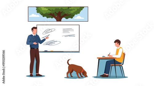 Classroom Moment: A teacher presents lesson in front of a class and a student and a dog also. In a well-lit classroom, a teacher stands confidently, pointing at a whiteboard.