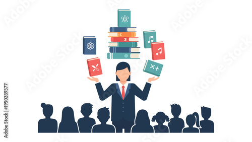 The Professor and the Knowledge: A dedicated professor, stands before an attentive audience, presenting the captivating world of education. Illustrating the sharing of diverse knowledge and ideas 
