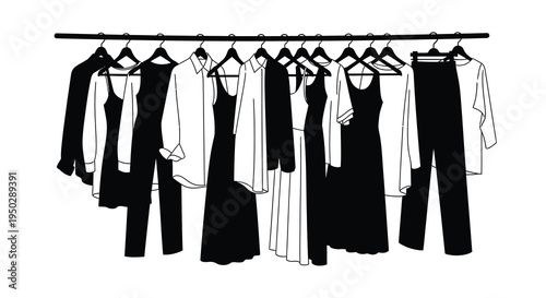 A minimalist black and white illustration depicts a clothing rack filled with various garments including dresses shirts and pants