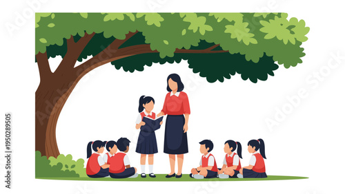 Teacher's Tales: A teacher captivates a class of students with a story under the shade of a vibrant tree, fostering a world of imagination and learning.