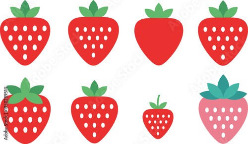 Strawberry flat icon vector set. Simple red strawberries with leaves in minimal style. Cute berry symbols for food apps, packaging, logos and healthy fruit design.