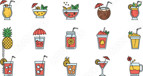 Set of Tropical Drinks, Cocktails, and Refreshing Beverages Icons in Line Art Style for Summer, Fruit, and Party Drinks