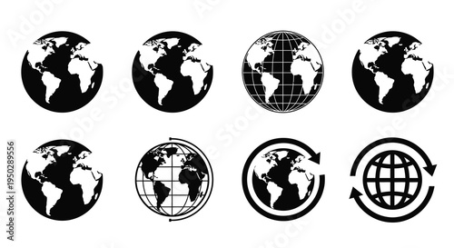 A collection of eight monochrome icons depicting the earth globes and planetary rotation symbols high quality professional detailed modern