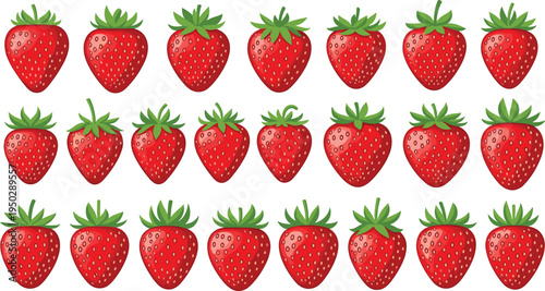 Strawberry fruit icon vector set. Fresh red strawberries in different shapes. Cute berry collection for healthy food design, farm packaging and summer fruit themes.