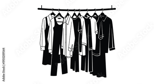 A black and white line drawing depicts a clothing rack filled with various garments including jackets shirts and dresses