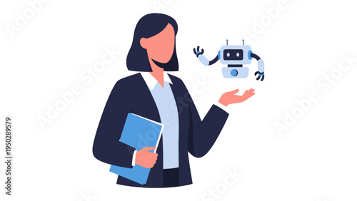 The Partnership of Innovation: a professional in a modern suit is introducing a concept to an AI assistant, both symbolizing an ideal collaboration, an innovative partnership