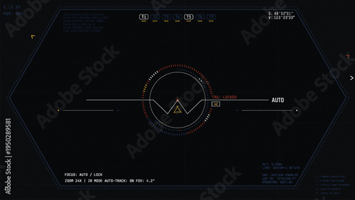 Futuristic UI overlay sci-fi drone or spaceship view. Military target aim camera overlay with blue and white lines. Tech spaceship aim GUI view with crosshair and combat target system UI.