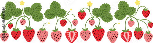 Strawberry border with leaves and flowers. Fresh red berries and sliced strawberry. Cute summer berry garland for packaging, fabric patterns and organic food design.