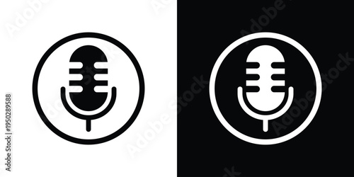 Outline microphone symbol enclosed in a circle. Vector icon set for voice command, assistant, and audio recording. Professional linear UI element for web and mobile application design.