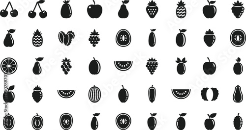 Fruit silhouette icon set. Black fruit shapes collection with berries, apples, pears and citrus. Simple solid fruit icons for food apps, menus, packaging and healthy diet design.