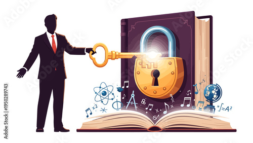 Unlocking Knowledge: A man in a suit holds a key, unlocking a secured book filled with symbols of learning and music, representing the power of education.