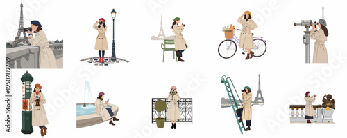Set of flat illustrations featuring a fashionable woman traveling and taking photos at iconic landmarks in Paris, France.