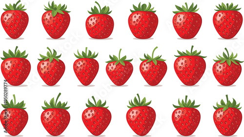 Strawberry fruit icon set. Fresh red strawberries in different shapes. Cute berry collection for healthy food design, farm labels, packaging and summer fruit themes.