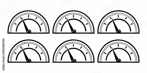 Six different speedometer gauges with varying needle positions