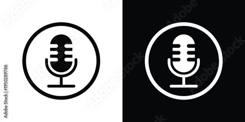 Outline microphone symbol enclosed in a circle. Vector icon set for voice command, assistant, and audio recording. Professional linear UI element for web and mobile application design.
