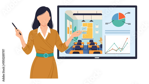 Business Presentation: A professional woman confidently delivers a dynamic presentation. She is engaging an audience with visual aids that feature insightful charts and graphs.