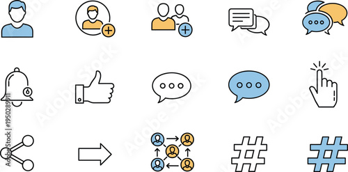 Social Media Engagement Icon Set Featuring User Profiles Chat Bubbles Like Button Hashtags and Digital Communication Networking Interface Graphics