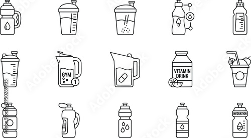 Sports Drink Bottle and Protein Shaker Line Icon Set Featuring Gym Supplements Hydration Containers Energy Beverages and Fitness Nutrition Packaging