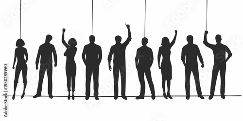 A group of people standing in a line with their hands raised