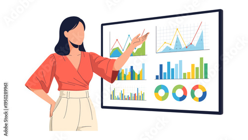Data Presentation Mastery: A focused woman presents compelling data visualizations on a modern display. Demonstrating the art of transforming complex information into understandable visuals.