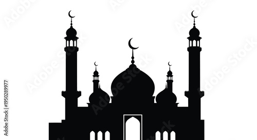 A striking black silhouette depicts an ornate mosque with crescent moon details symbolizing islamic architecture and faith high quality