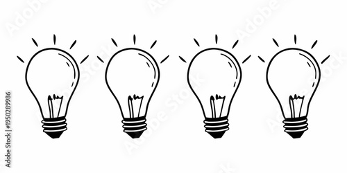 Four light bulbs with rays on white background