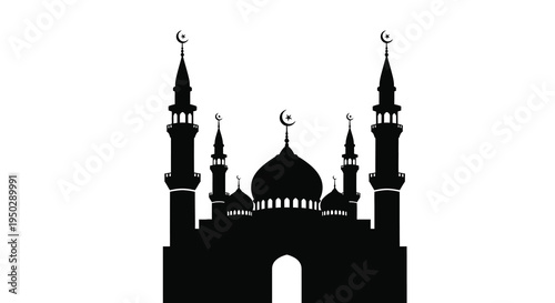 A striking black silhouette depicts a traditional islamic mosque with multiple minarets and crescent moons high quality professional detailed